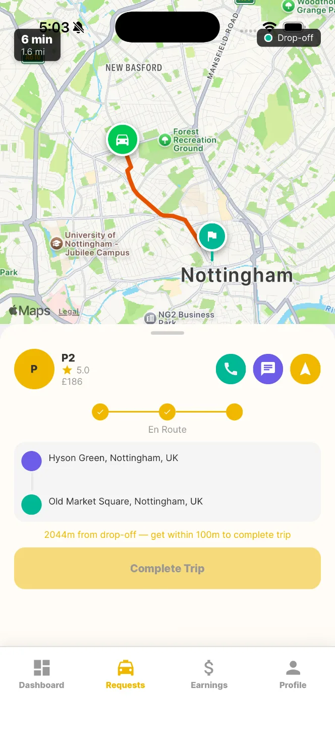 Driver app en route to the drop-off with a Complete Trip button