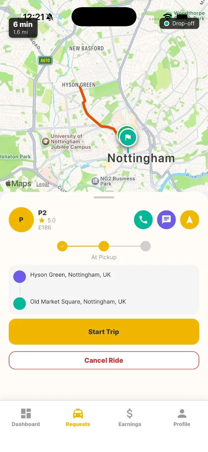 Driver app at the pickup with a Start Trip button