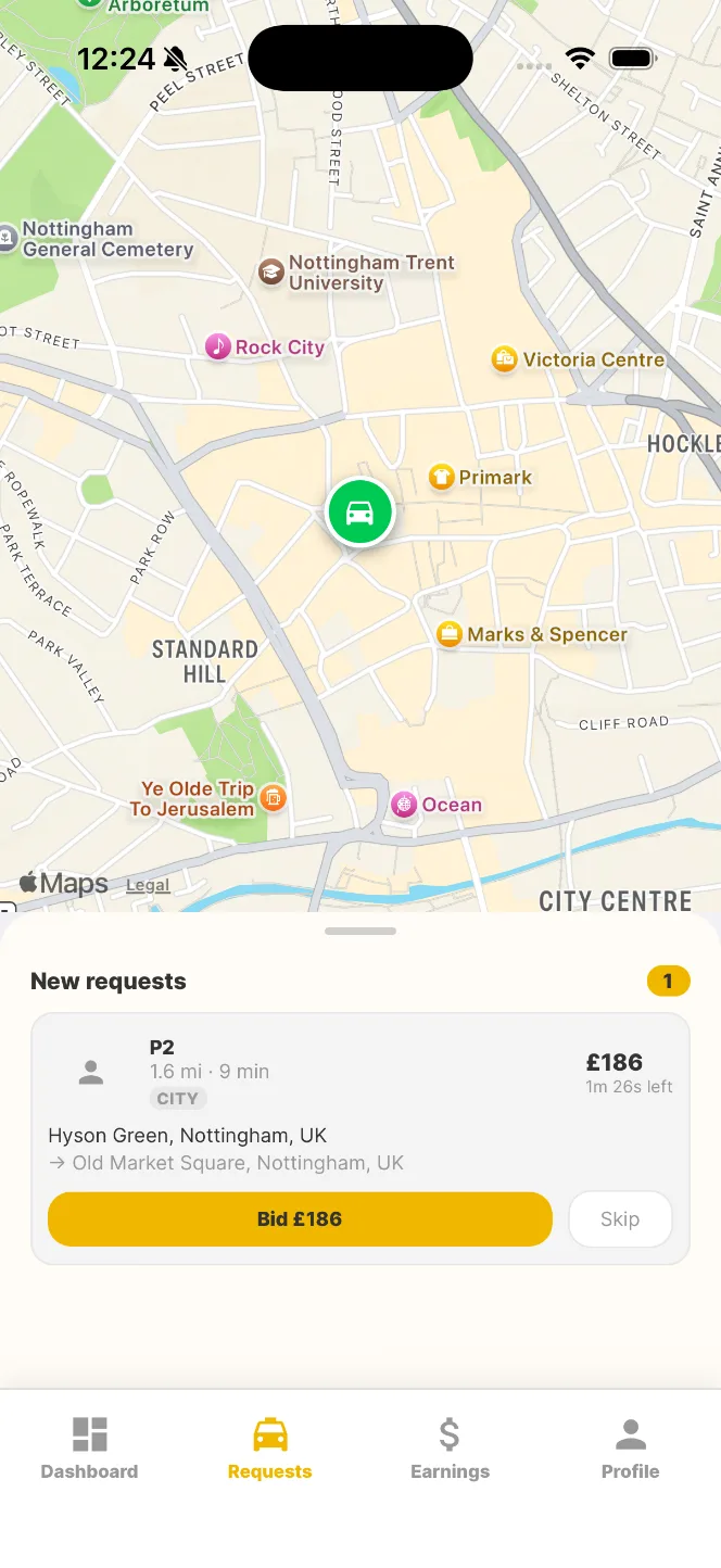 Driver app: a new ride request with a button to bid