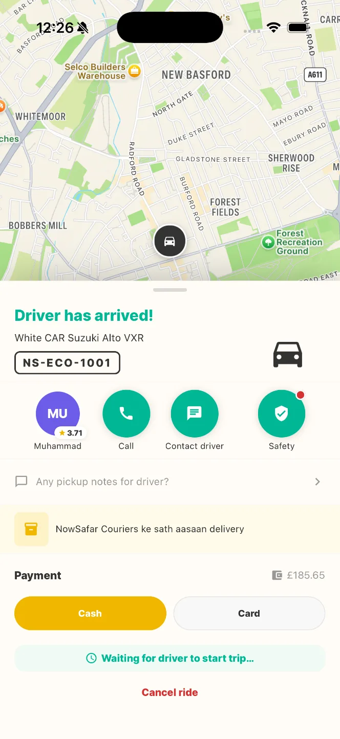 Rider app: driver has arrived, with the car, plate and driver rating