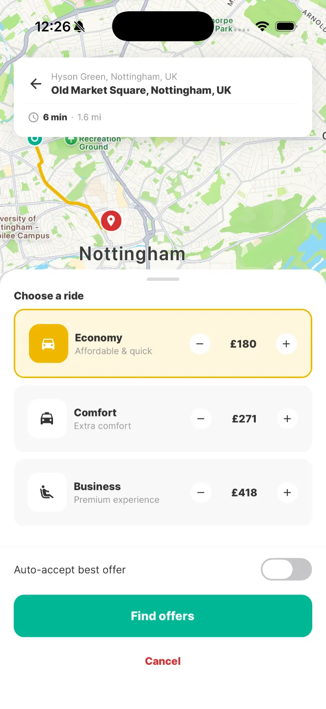 Rider app: choose Economy, Comfort or Business and see the fare