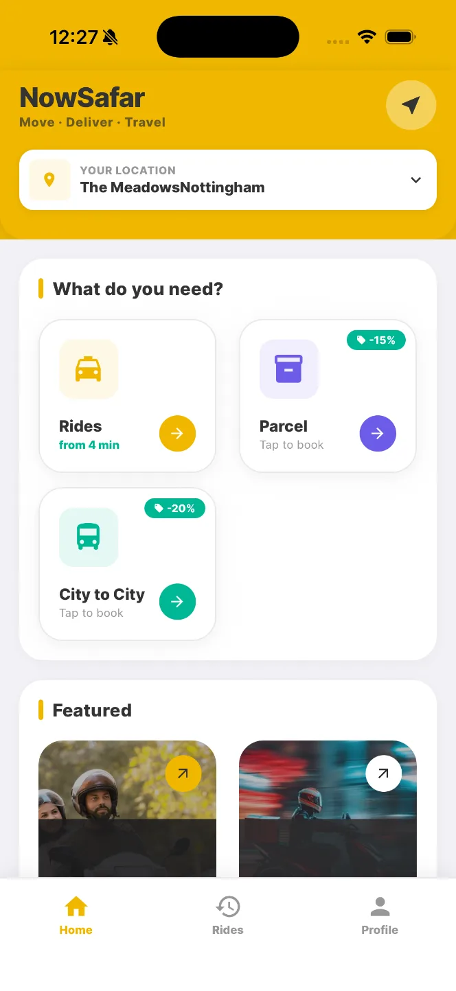 NowSafar app home screen: choose a ride, a parcel delivery or a city-to-city trip